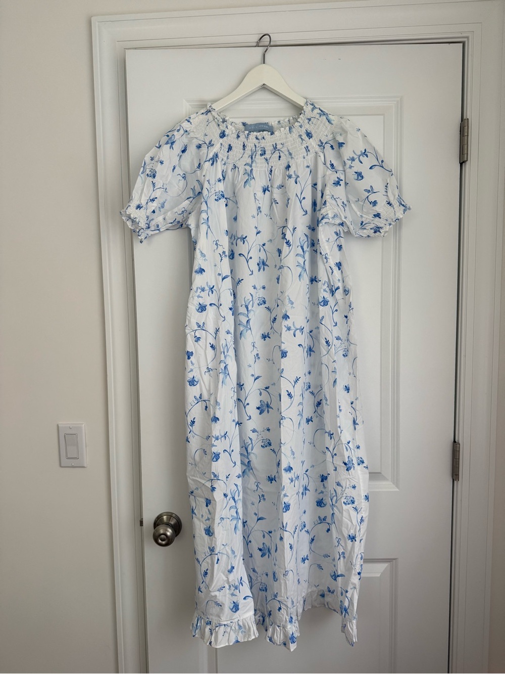 Hill House White Midi Dress with Blue Floral Print